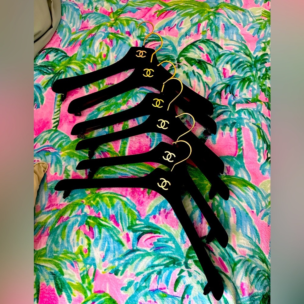 Set of 6 Chanel Black Flocked Velvet Clothes Hanger Gold Double C Logo